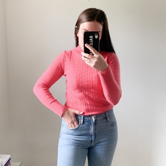 J. Crew Barbie Pink Cable Knit Turtle Neck Sweater Small cashmere wool blend - Picture 7 of 9